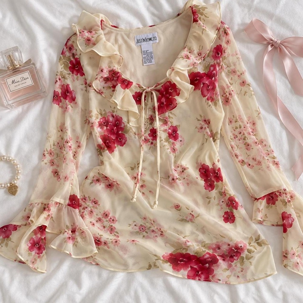 y2k cream and pink floral ruffle blouse